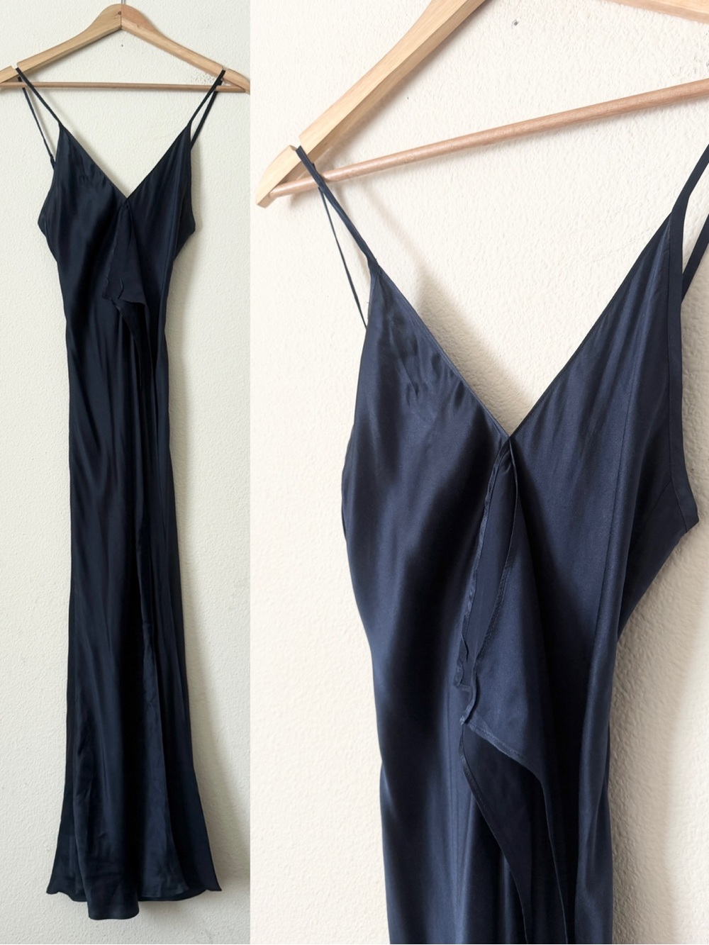 Catherine Gee XS 100% silk navy blue ruffle detail silk slip maxi dress